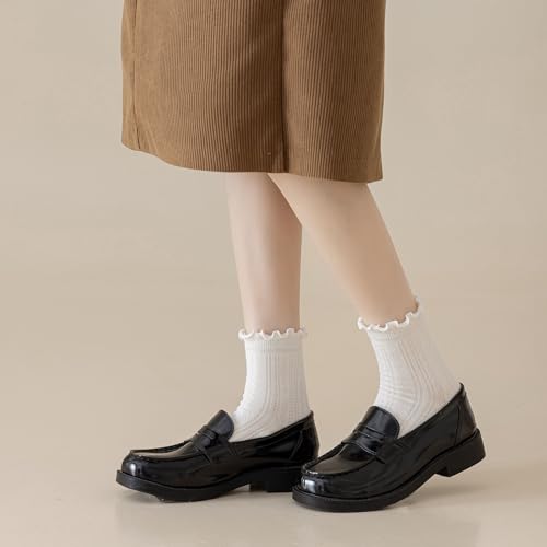 Image of Mcool Mary Womens Crew Socks Ruffle Casual Cotton Frilly Breathable Cute Knit Lettuce Trim Dress Ankle Socks 6 Pack