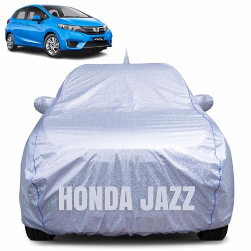 Image of 100% Waterproof Car Body Cover for Honda Jazz with Mirror Pocket, Heat & UV Resistant, Triple Stitched, Soft Lining, Bottom Elastic & Piping (Silver Reflective)