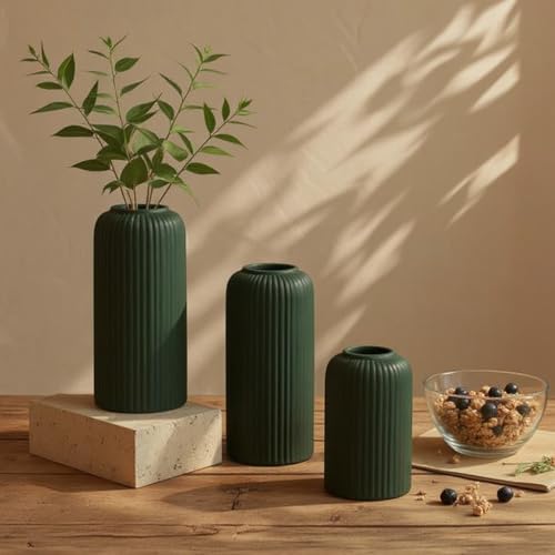 Image of KREATIVE ART'S Bottle Green Flower Vase for Living Room | Ceramic Vase for Home Decor | Home Decoration Items for Living Room & Hall (Dark Green Ceramic Vase Set of 3-Matt)