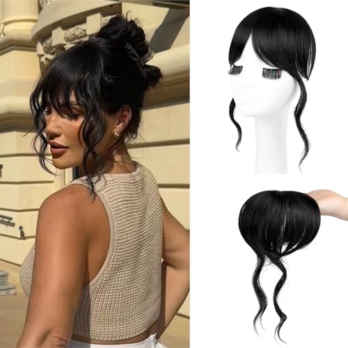 Flufymooz Clip in Bangs 12 Inch French Bang Fringe with Temples Hairpieces for Women Daily Wear-Natural Black
