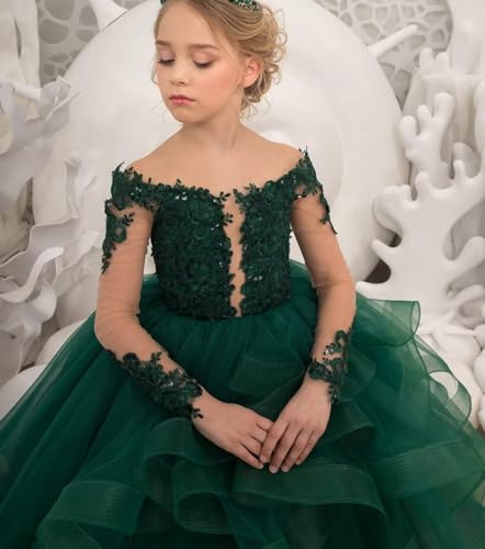 Girl’s Long Sleeve Flower Girl Dress Princess Ruffles Pageant Dresses Tulle Lace Tiered Kids Party Prom Ball Gown4