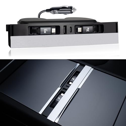 Leikaendi Hub Cargador USB para Tesla con 2 Cables Retráctiles Tipo-C para Model Y Juniper 2025-2026 y Model 3 Highland 2024-2025, Total 140W Base de Carga para Teléfono Consola Central Accesorios