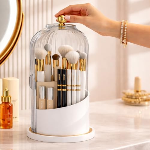 Image of DecorTwist 360 Rotating Makeup Brush Holder with Lid, Dustproof & Waterproof Transparent Cosmetic Organizer for Vanity, Dressing Table | Gift for Valentine, Anniversary, Birthday