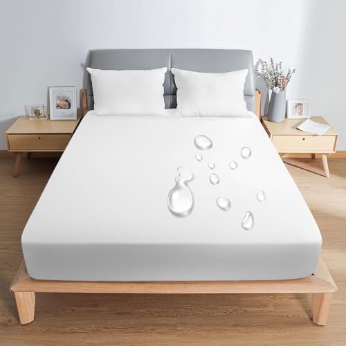 PRETYDAY ボックスシーツ 防水シーツ 2025 高密度生地 マットレスカバー 五面防水 吸水速乾 シングル セミダブル ダブル クイーン ベッドカバー 通気性 洗える 介護用 シーツ 防ダニ 抗菌 防臭 全周ゴム付き ズレ防止 赤ちゃん 大人用 (ホワイト, ダブル 140*200cm)