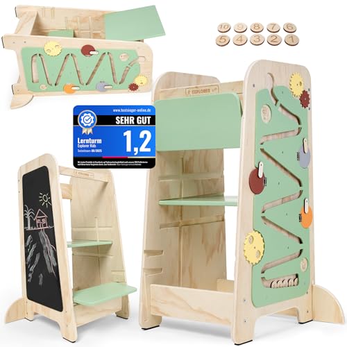 Lernturm EXPLORER Kids® | 5-in-1 Montessori Learning Tower | Rückfallschutz - Höhenverstellbar - Kippschutz | Fördert Zahlen & Formen - Motorik & Lernen | Holz - in Weiß & Salbei | Lernturm ab 1 Jahr