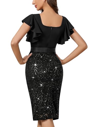 Miusol Women's Deep V Neck Ruffle Sleeve Glitter Sequined Floral Lace Cocktail Party Dress (Large, Black)2