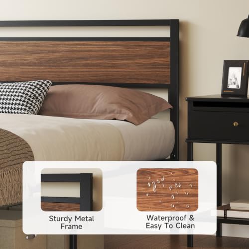 Image of 14 Inch Queen Size Metal Platform Bed Frame with Wood Headboard&Footboard | Easy Assembly Structure, Spacious Underbed Storage, No Noise Design, No Box Spring Required, Camas Queen, Walnut