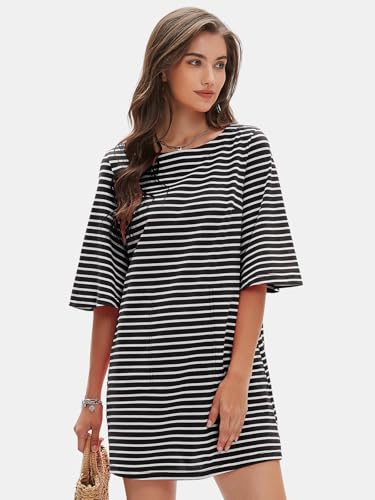 Image of EXLURA Women's Summer T Shirt Dress Casual Short Sleeve Loose Striped Mini Dresses 2026 Vacation Beach Sundress Pockets