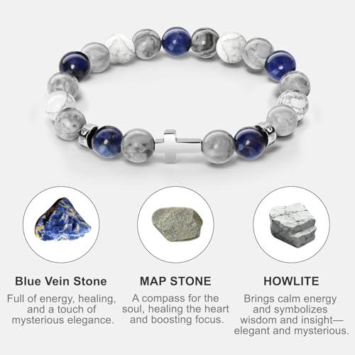 Men's Cross Bracelet, Christian Bead Bracelet for Men, 10mm Faith-Inspired Natural Stone, Perfect for Anniversary, Graduation, Christmas.3