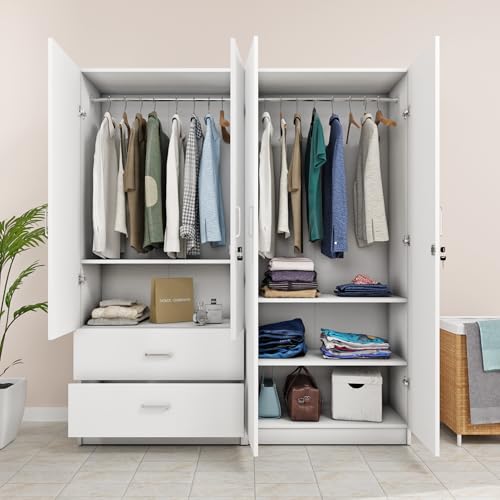Image of VIKI Wardrobe | Wooden Almirah for 4 Door 2 Drawer with Shelves & 2 Hanging Space Mirror Wardrobe (Frosty White - 40D x 160W x 180.8H) | 1 Year Warranty | Free Assembly