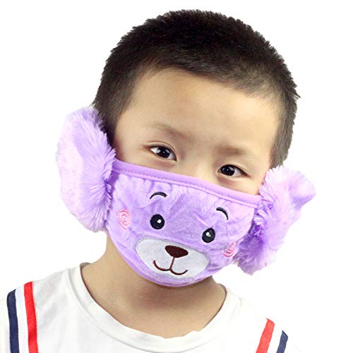 FabNext-Face Protection Cover Cute Mask With Earmuffs Anti-dust Unique Fluffy Cartoon Woolen Mask 2 in 1 for Boys & Girls Purple Colour-image-39