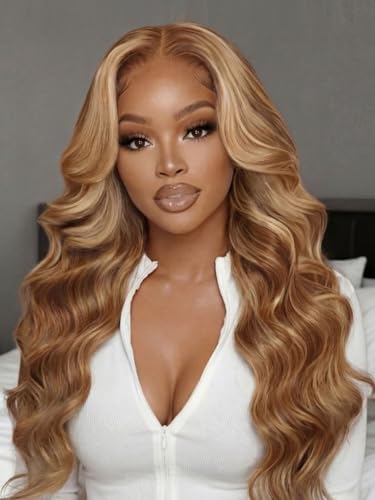 Image of Beauty Forever Honey Blonde Highlight Body Wave 13x4 HD Lace Front Wig Human Hair, Glueless Drawstring Wig Pre Plucked Pre Cut Bye Bye Slip Secure Fit Big Deep Parting Lace Wig 150% Density 18inch