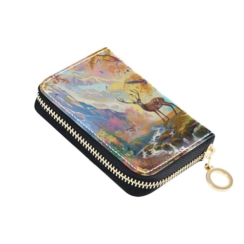 GAIGEO Credit Card Protector RFID Blocking Womens Wallets Leather Zip Around Zipper Coin Purse with Key Ring Deer Forest Landscape Painting