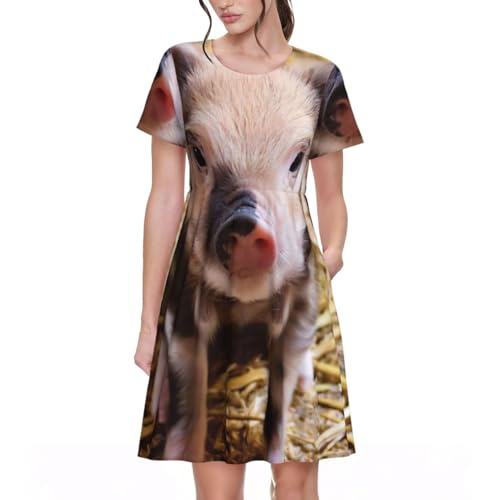 Robe d'été mi-longue EdWal avec imprimé cochon mignon col rond pour femme