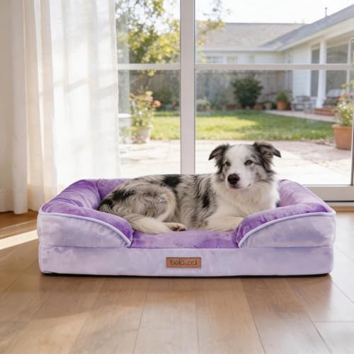 BELLA & PAL Cuccia per Cani Interno, 92x69x16.5cm Letto Ortopedico per Cani Taglia Media, Cuscino Cane con Bordo Alto | Divano Cane in Flanella Sfonderabile Impermeabile e Lavabile, Viola