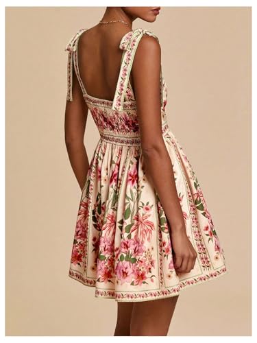 Image of OYOANGLE Women's Boho Dress Floral Tropical Vacation Dress Sleeveless Tie Shoulder Summer Flowy Mini Dress Sundress