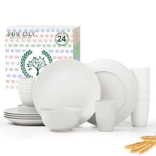 Image of Homienly Premium Wheat Straw Dinnerware Sets - 24 PCS Dinner Plates,Plates,Cereal Bowls,Drinking Cups,Lightweight & Unbreakable Dishes Sets for 6,Dishwasher & Microwave Safe for Home - White