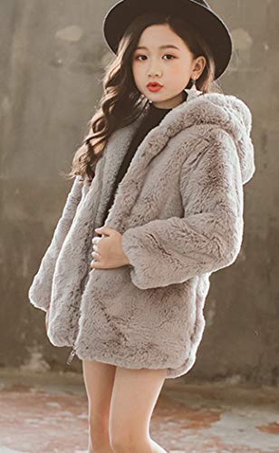 Girl's Long Warm Faux Fur Coat Animal Thicken Fake Fox Hooded Full Zipper Jacket (Gray 8-9Y) #TOP1