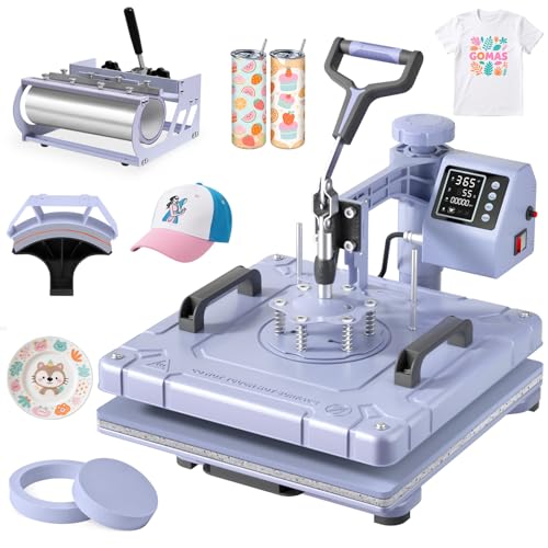 Image of Slendor Heat Press 15x15 Inch 5 in 1 Heat Press Machine with 30OZ Tumbler 360-Degree Swing Away Digital Multifunction Heat Transfer Sublimation Combo for T Shirts Mugs Hat Plate Cap, Lavender