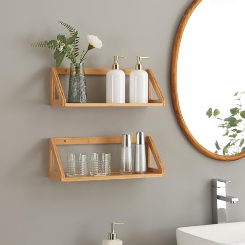 [en.casa] Set de 2 Étagères Murales pour Salle de Bain Ensemble de 2 Meubles de Rangement Suspendu pour Cuisine Chambre Bureau Bambou 43 x 15 x 15 cm Naturel