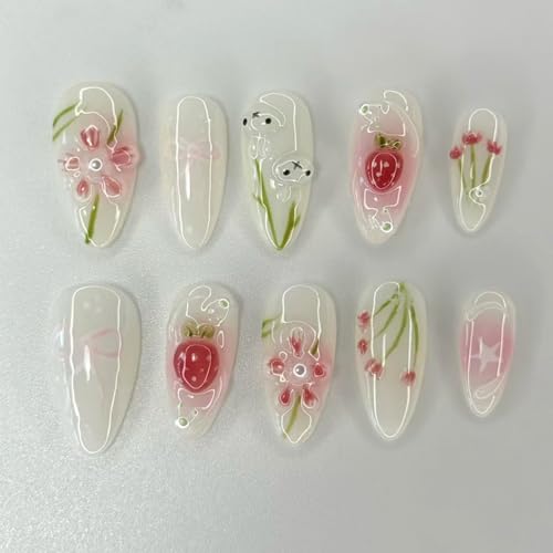 Almond Shape Press on Nails Medium Fake Nails with 3D Flower & Pe...