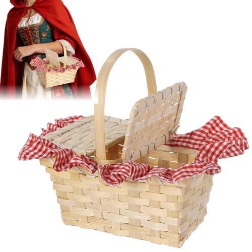 Wood Woven Picnic Hamper with Red Gingham Cloth 7.9 x 3.5 x 4.3 in Mini Picnic Basket with Handle and Removable Lid for Storage Versatile Costume Accessory Masquerade Dress up