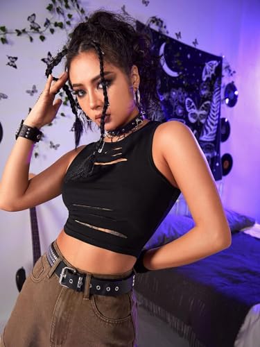 Floerns Women's Cut Out Sleeveless Round Neck Punk Rock Solid Ripped Crop Tank Top3