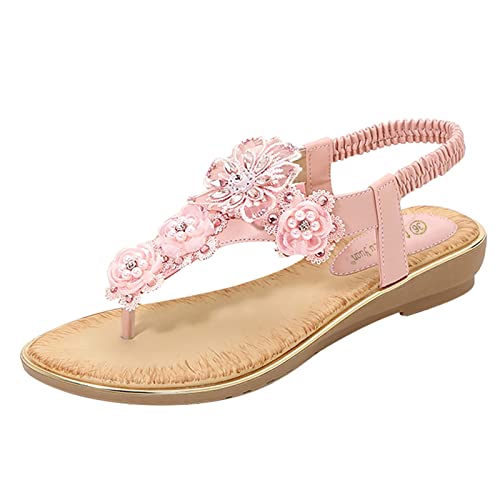 SHOBDW Sandalias Informales De Dedo Con Tira En El Tobillo Mujer Summer Flops Beach Flip Pearl Casual Shoes Women Flower Sandals Femeninas Zapatillas Zapatos Verano Tiras Chanclas Rosa 42