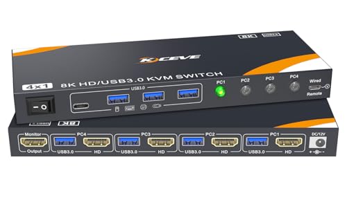Image of KCEVE USB 3.0 KVM Switch 4 Computers 1 Monitor HDMI 8K@60Hz, 4K@144Hz, KVM Switch 4 Port for 4 Computer Share Keyboard Mouse, Power Adapter, Wired Remote(8K HDMI 4 in 1 Out KVM)