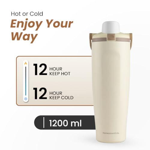 Image of HomeEssentials 1200ml Stainless Steel Insulated Water Bottle with Straw & Secure Lock Lid, Leakproof Double Wall Vacuum Flask for Hot & Cold Drinks, Sports & Travel Bottle (Biege)