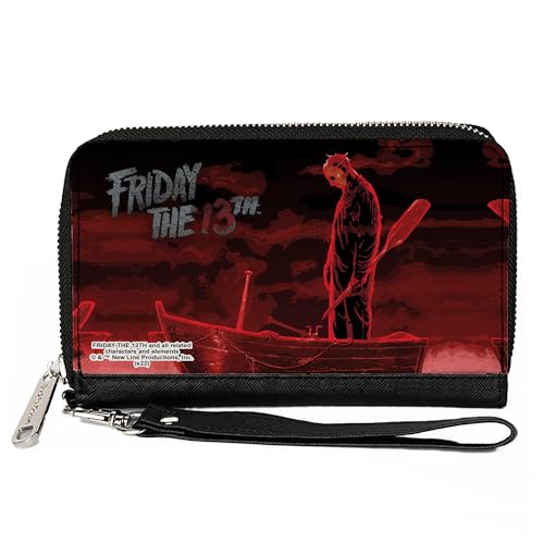 Warner Bros. Horror Movies Wallet, Zip Around, FRIDAY THE 13TH Jason Boat Scene Black/Reds/White, Vegan Leather