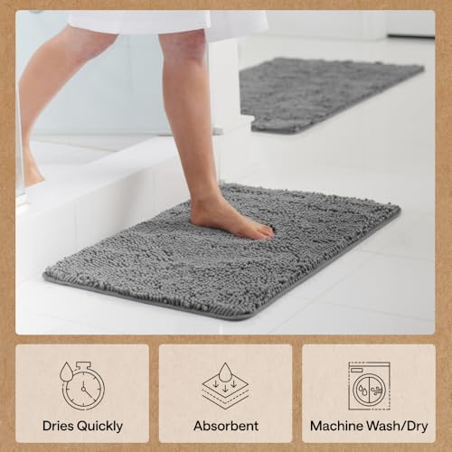 Image of GORILLA GRIP Bath Rug Mat, Thick Soft Absorbent Chenille, Quick Dry Microfiber Mats, Rubber Backing Washable Shower Floor Rugs, Bathmat Runner, US Designed Bathroom Home Decor Accessories 24x16, Grey