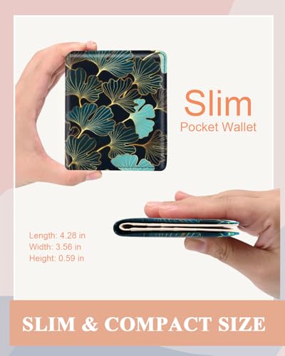 Womens Wallet, RFID Small Card Wallets for Women, Slim Thin Bifold Leather Credit Card Holder Wallet, Cute Compact Wallet Ladies Mini Purse with Zipper Coin Pocket & ID Window(Lucky Green Leaf)2