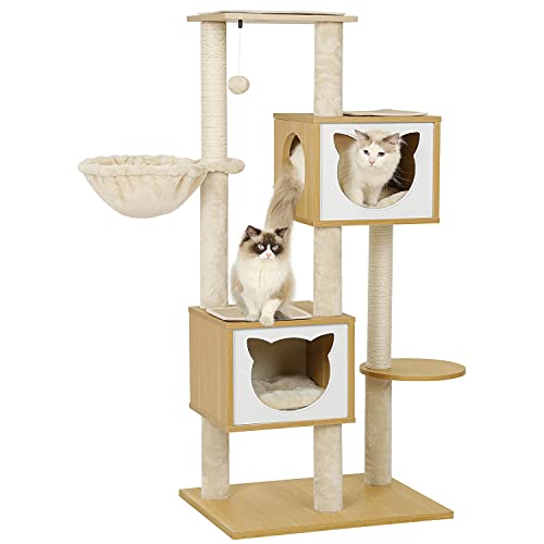 MSmask Wood Cat Tree and Tower, Multi-Level Cat Tree with 2 Condos, Pet Play House Basket and Scratching Posts, 53 inch Large Cats Activity Tree with Washable Plush Cushions (Beige) - Thumbnail 4
