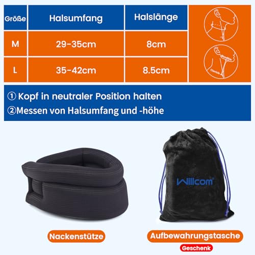 Willcom Nackenstütze für Nackenschmerzen Unterstützung, Weich Halskrause für Schlafen, Wirbel Ausrichten und Stabilisieren, Entlastet Druck in der Wirbelsäule (Schwarz, Medium, 29-35CM)
