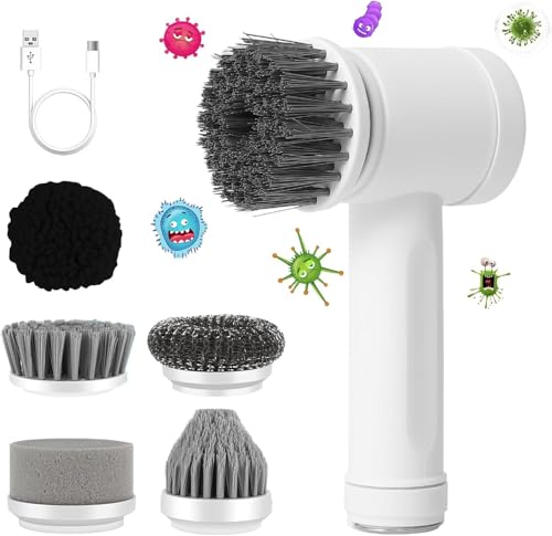 Power Spin Scrubber Cordless, Electric Spin Scrubber with 1 Speed, Handhold Electric Cleaning Brush Scrubber for Floor and Cars, Power Scrubber with 5 Replaceable Brush Heads for Kitchen,Bathroom