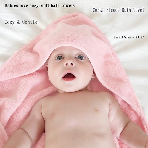 Image of Baby Hooded Bath Towel 31.5 inchx31.5 inch Ultra Absorbent Cloud-Soft Cozy Coral Fleece, for Newborn Infant Toddler Up to 3 Years, Unisex Bathrobe Blanket 2PCS(Sakura Pink)