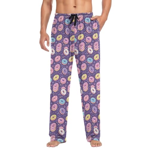 Men’s Cartoon Donut Pajama Pants with Pockets, Comfortable Lounge Sleep Bottoms#1243