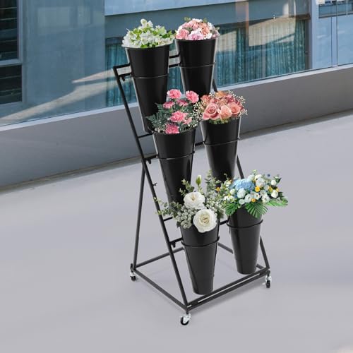 Chariot à Fleurs à 3 Niveaux avec 9 seaux noirs et structure mobile robuste