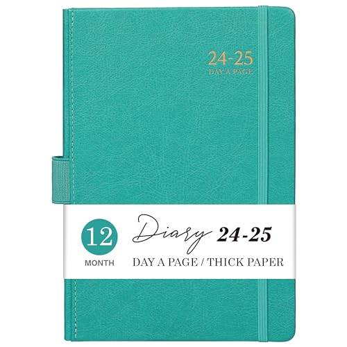Academic Diary 2024-2025 - Diary 2024-2025 Day Per Page, A5 Page a Day August 2024 - July 2025 with Pen Loop, 180° Flat out, Monthly Stickers, Green