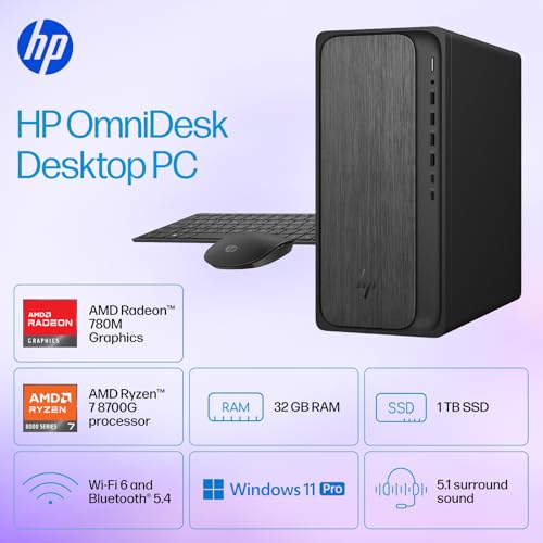 Image of HP OmniDesk Desktop Computer, AMD Ryzen 7 8700G, 32GB DDR5 RAM, 1TB PCIe SSD, AMD Radeon 780M Graphics, USB-C&A, HDMI, DisplayPort, Wi-Fi 6, Win11 Pro, Business & Home Office PC, Keyboard and Mouse