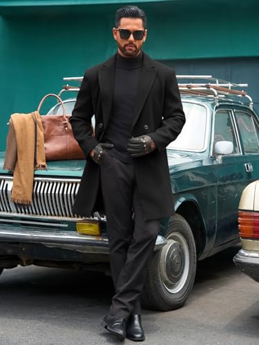 Runcati Mens Trench Coat Notched Lapel Double Breasted Mid Long Pea Coat Casual Fall Winter Classic Overcoat4