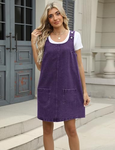 Image of Xaspee Denim Overall Dress for Women Casual Mini Sleeveless Jean Vintage Jumper Skirt Dress with Pockets