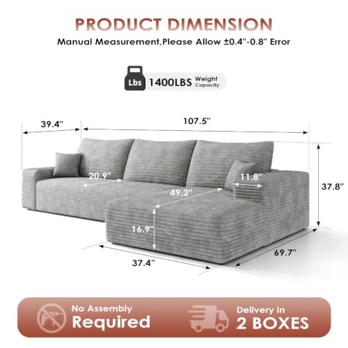 Image of Boneless Couch, Modular Sectional Couches for Living Room, U-Shaped Cloud Couch Sofa with Deep Seat, Fluffy Corduroy Upholstered Corner Sofa