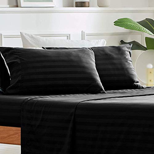 Image of YRM Bedding's Premium Collection Egyptian Cotton 600-TC 4-Piece Bedsheet Set {1-Bedsheet (102x108) + 1-Fitted (72x78) + 2-Pillow(18x28)}, Standard King Size, Black Stripe