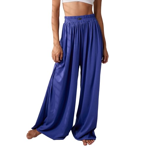 Image of Lunya Organic Pima Wide Leg Cotton Pants for Women - Organic Cotton Palazzo Pants - High Rise Wide Waistband - Raw Hem for Customization - Relaxed Lounge Wear - Small - Royal Lagoon