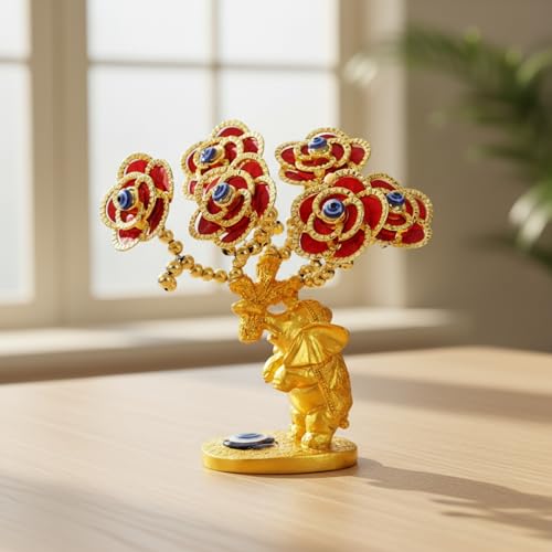 Image of eCraftIndia Tree of Life Bonsai Evil Eye Tree Elephant Statue Feng Shui Showpiece (Gold & Red) Feng Shui Items for Good Luck Positive Energy Vastu Shelf Living Room Home Decor Gift for Housewarming