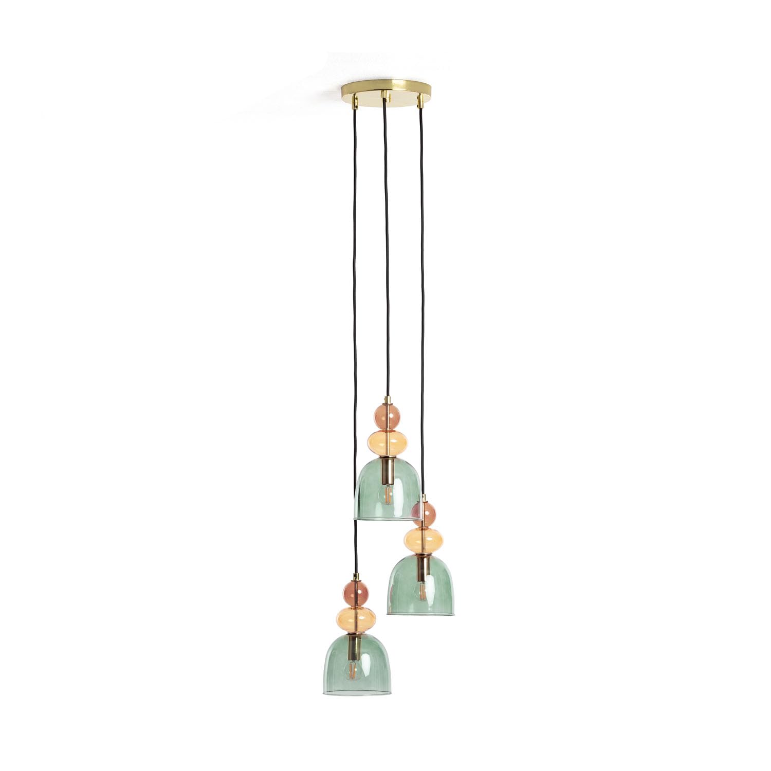 LEDKIA Lámpara Colgante Metal y Cristal Tri Baudelaire Verde | Diseño Vintage Elegante | Compatible con Bombillas E14 | Ideal para Salón; Dormitorio; Oficina