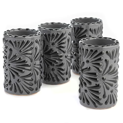 Image of Talavera Shot Glasses Set of 4 Authentic Mexican Tequila Shot Glasses - Hand-painted - 2 Oz (Black Brushstroke Gray Background)