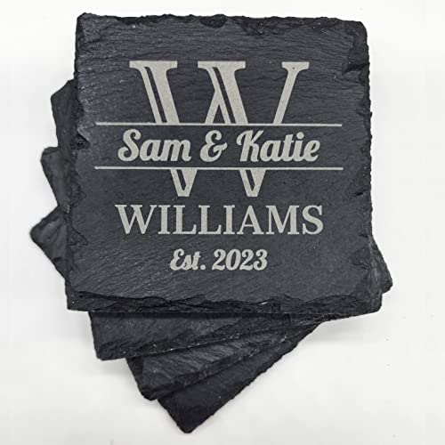 Custom Engraved Slate Coasters, 4' Square (Set of 4 or Set of 6) - Great for Personalized Gifts, Weddings, Couples, Anniversaries, Special Occasions